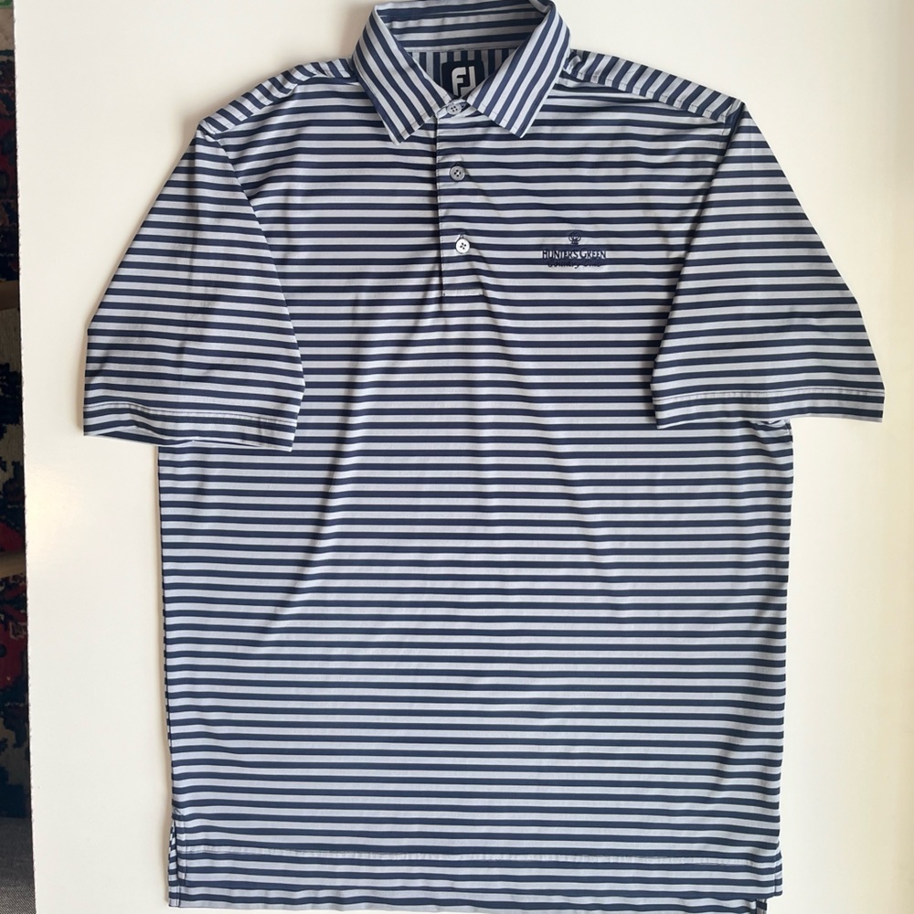 Footjoy Mens Medium Blue And White Striped Hunters Green Country Club Polo Shirt